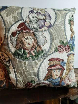 Vintage Tapestry Throw Pillow,  Victorian Style Girls,  Dolls 15 X 15 Inches