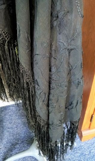 Antique Canton Embroidered Silk Mourning Shawl Hand Knotted Fringe 62 " X 58 "