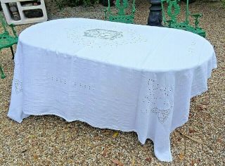 Large Vintage Hand Embroidered & Drawn Fabric Tablecloth 232cm X 212cm