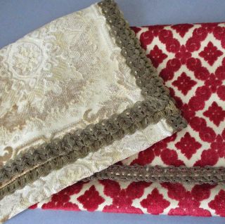 2 Vintage French Brocade Cut Velvet Tapestry 45 " Runners Gold Metallic Lace Trim