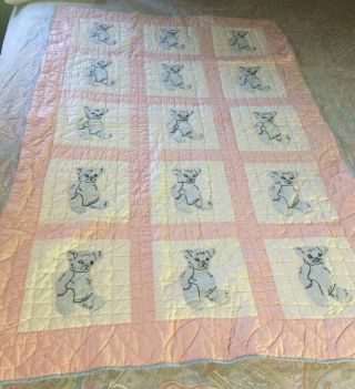 Vintage Teddy Bear Baby Quilt Cotton Fabrics Hand Stitched Embroidery Blue Pink