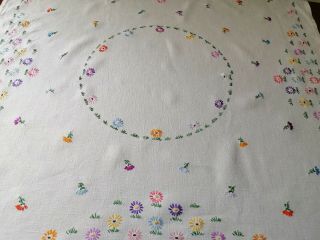 Vintage Hand Embroidered Floral Linen Tablecloth