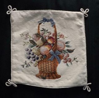 Vintage Tapestry Needlepoint Cushion Cover Basket Of Fruit & Flowers 13x13ins "