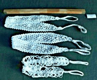 3 Antique French Hand Made Macrame Braided White Cotton Tie - Backs 1860 