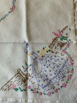 Vintage Linen Hand Embroidered Tablecloth Crinoline Ladies