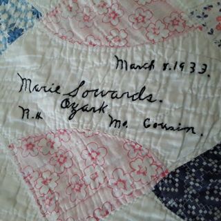 Antique/vint 1933 Ozark MO.  signature Friendship quilt hand made & stitch 61x84 