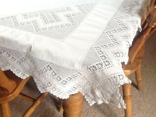 Antique Vintage White Linen And Lace Table Cloth