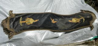 Antique Velvet Silk Embroidered Bird Houses Fringed Mantle Table Cloth Runner