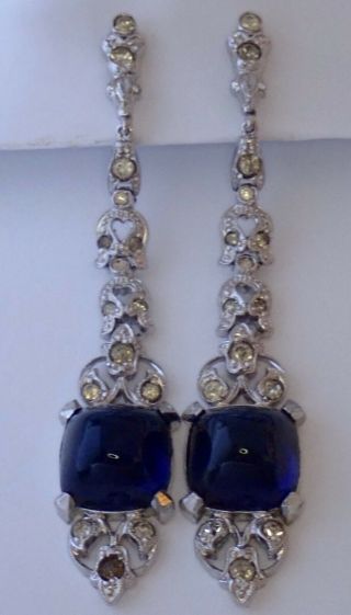 Vintage Art Deco Ktf Trifari Rhodium Plate Sapphire Crystal Rhinestone Earrings