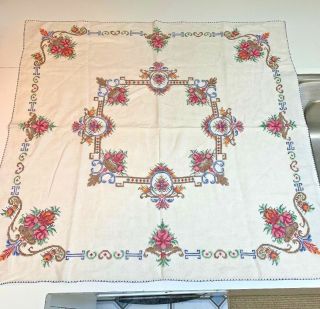 Antique Russian Ukrainian Hand Embroidered Cross Stitch Linen Table Cloth