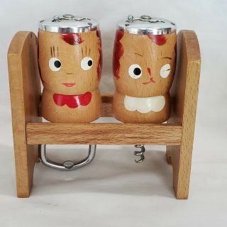 Vtg Wood Salt And Pepper Shakers Bottle Opener Cork Screw With Stand Souvenir