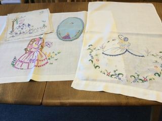 Various Vintage Hand Embroidered Linen - Crinoline Lady’s