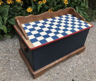 Vtg Wood Toy Box Chest Hand Painted Americana 26x13x17 " Checkered Red White Blue