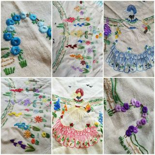 Hand Embroidered Vintage Linen Tablecloth.  Crinoline Lady Flowers 34 "