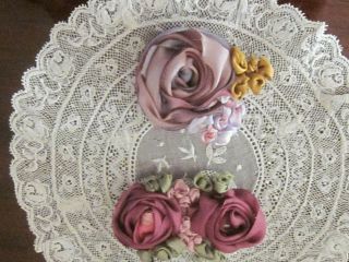 Vintage Set Of 2 Silk Ribbon Work Roses Plum W/green,  Orchid Roses French Dolls