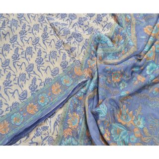 Sanskriti Vintage Cream Sarees 100 Pure Silk Printed Floral Sari Craft Fabric