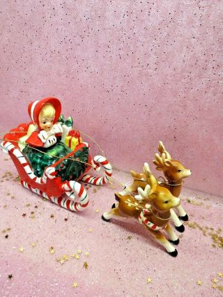 Vtg Napco Lefton Era Christmas Shopper Girl W Candy Cane Sleigh W Two Reindeer