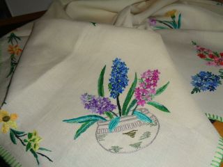 Stunning Hand Embroidered Vintage Tablecloth,  Wonderful Spring Flowers
