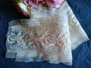 Antique/vintage Length Of Embroidered Cotton Net Lace Pink/white 2 Yards X 6 "