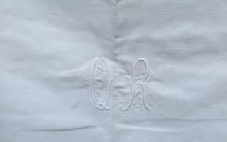 Antique French Metis Linen C.  19th Dowry Sheet Monogrammed " Qr "