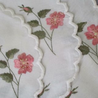 4 Antique 10 " Linen Doilies Society Silk Hand Embroidered Pink Roses Scalloped