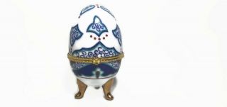Vintage Footed Egg Trinket Box Hand Painted Blue Vase