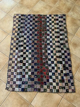 Antique Vintage Handmade Wool Crazy Quilt Throw 50 " X 68 " All Hand Stitched Tied