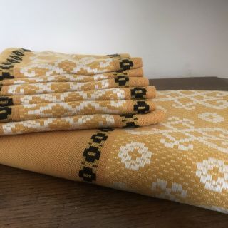 Vintage 1970 French Tablecloth & 6 Matching Napkins - Mustard Yellow - Berthoud Rita