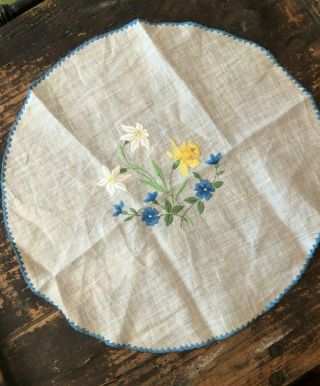 Vintage Swiss Cotton Floral Embroidery On Linen,  10 " Round Doily Sample
