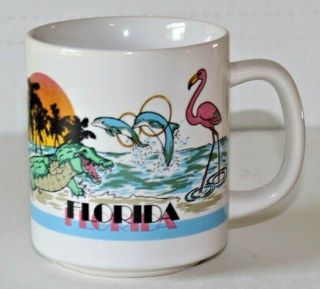 Vintage Florida Souvenir Coffee Cup/mug Flamingo Alligator Dolphins Sunset