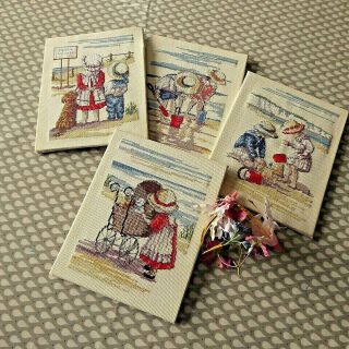 Vintage Hand Embroidered/cross Stitch Picture Panels X 4.  All Vintage Childhood