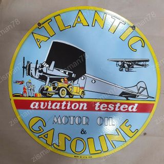 Atlantic Aviation Gasoline 2 Sided Vintage Porcelain Sign 30 Inches Round