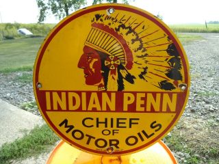 Old Vintage 1937 Indian Penn Chief Motor Oil Porcelain Enamel Gas Station Sign