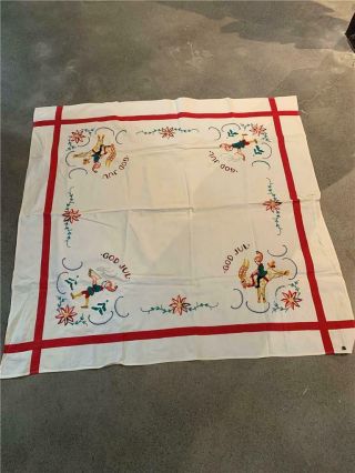 Antique Hand Embroidered " God Jul " Scandinavian Tablecloth - 50 " X 50 "