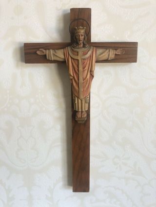 Anri Vintage Crucifix Cross Jesus Christ Carved Wood Figure 12 1/2” Hand Painted