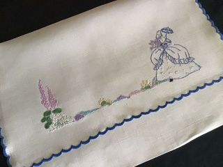 Lovely Vintage Linen Hand Embroidered Nightdress Case Crinoline Lady/florals