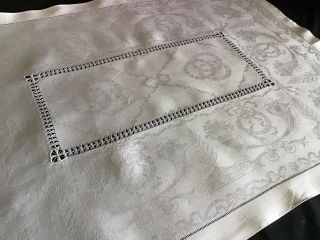 Lovely Large Irish Linen Damask Butlers Tray Cloth Drawn Thread Work