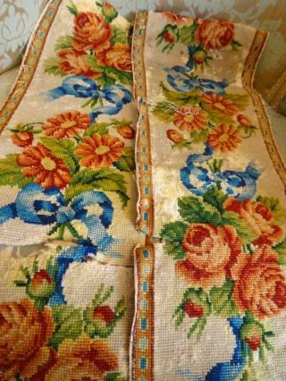 2 Antique Floral Hand Embroidered Wool Panel Roses & Bows