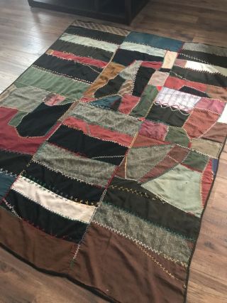 Antique Victorian Hand Stitched Patchwork Crazy Quilt Blanket 62” L X 72” W
