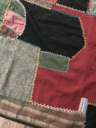 Antique Victorian Hand Stitched Patchwork Crazy Quilt Blanket 62” L X 72” W 2