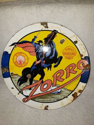 Vintage Shell Gasoline Porcelain Zorro Sign Motor Oil Gas Service Station 1959