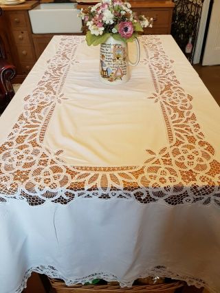 Large Vintage Embroidered/lacework White Tablecloth,  Approx 244cm X 154cm