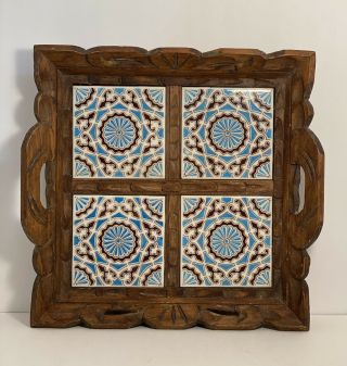 Vintage - Carved Wood Tray With Handles And Tiles - Blue