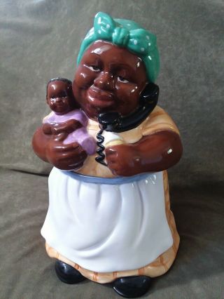 Vintage Cookie Jar Black Americana Holding Baby Talking On Phone