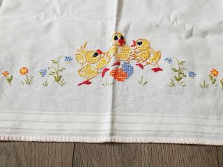 Vintage Hand Embroidered Linen Tablecloth Easter Chicks Flowers Egg Cross Stitch