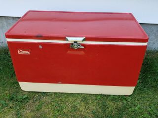Vintage 1970s Coleman Red Cooler With Metal Handles Ice Chest Camping Fishing