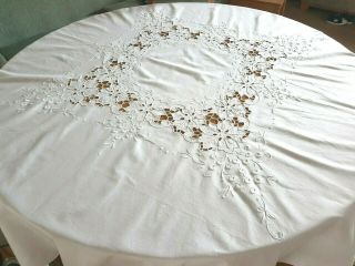 Vintage White Round Tablecloth - Lace Hand Embroidered - 100 Cotton 54 "