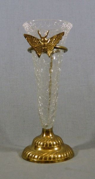 Vtg Clear Crackle Glass Bud Vase In Brass Stand With Brass Butterfly 6 " Tall Euc