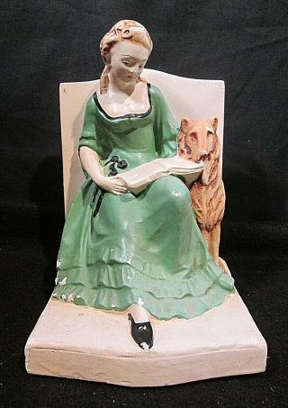 Art Wares 1939 Chalkware Bookend Woman Sitting With Dog Reading Book