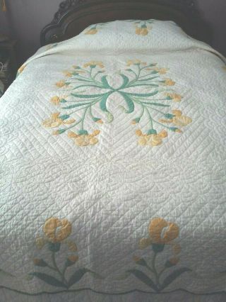 Quilt Hand Made Machine Stitched Vintage White Background W/ Yellow Flowers